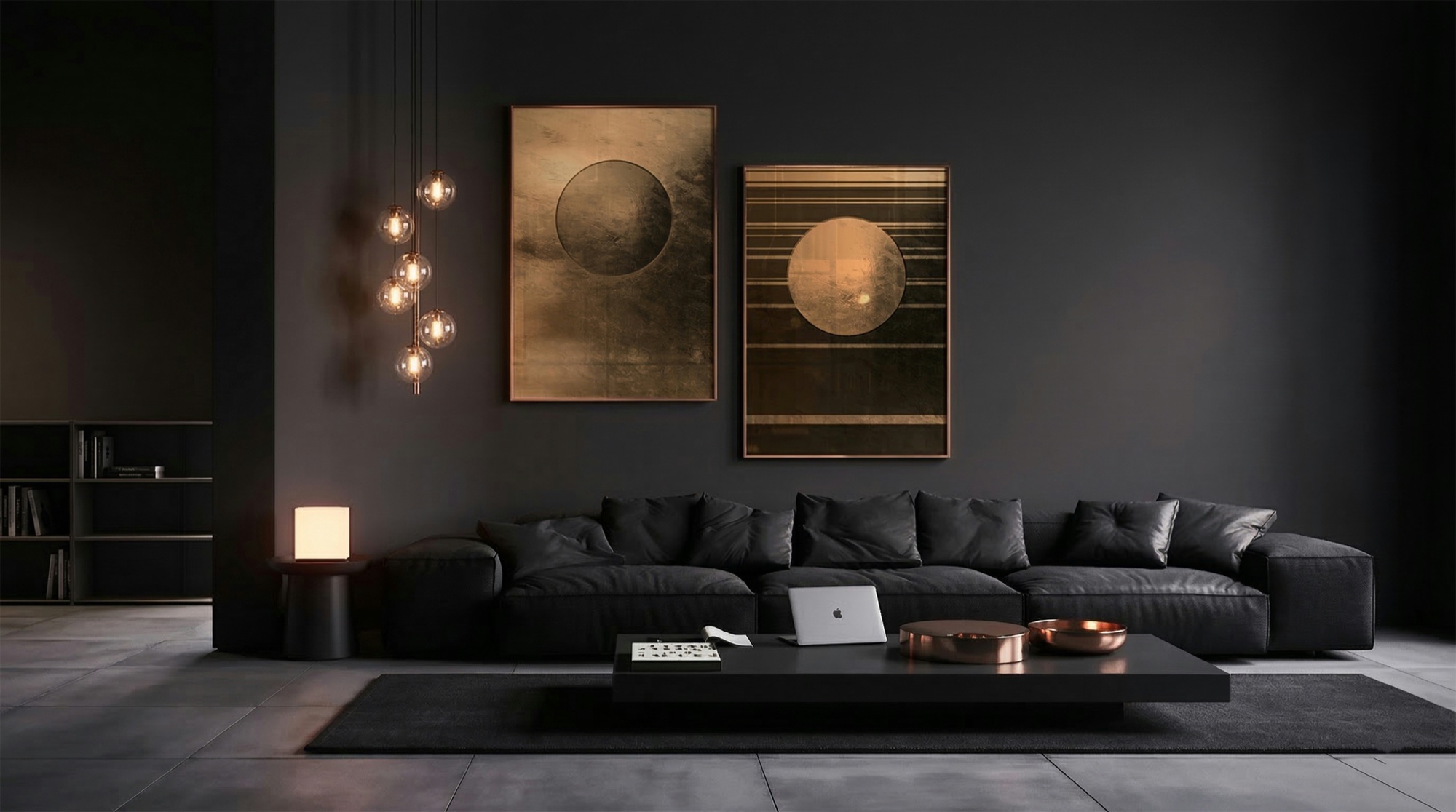Salon contemporain sombre et chaleureux